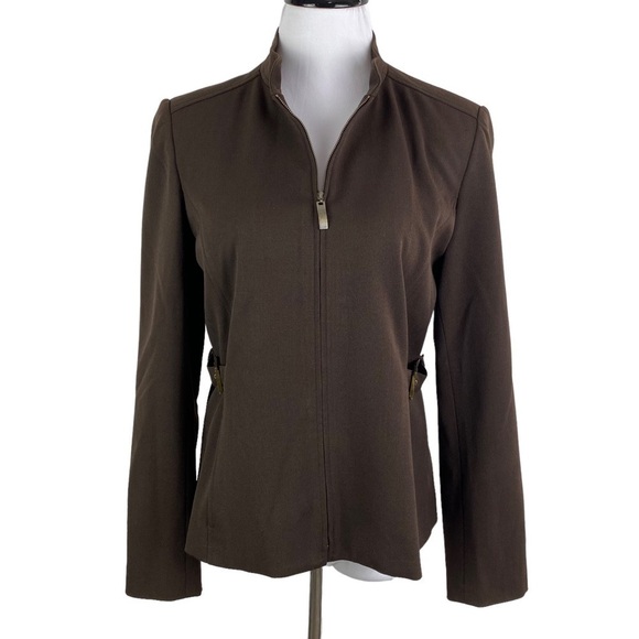 Rafaella Petite Full Zip Side Buckle Embellished Blazer Jacket Women's 10P Brown - Picture 1 of 9